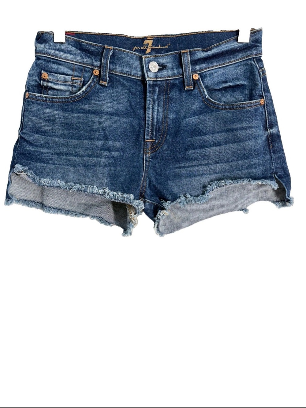 7 FOR ALL MANKIND Women's Jean Shorts Blue Denim Mid Rise Raw Hem Sz 25